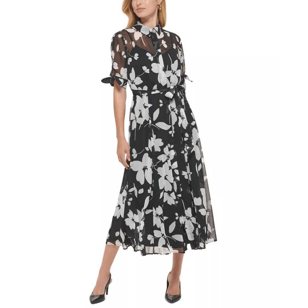 Calvin Klein Women's Floral Print Shirtdress - Black Cream 6